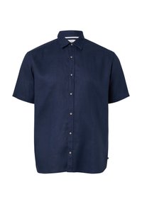 Marineblaues Kurzarmhemd aus Leinen. Mit durchgehender Knopfleiste, Kragen und lockerem Schnitt mit subtiler Textur.