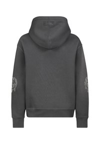 Grijze capuchontrui met een gestructureerde afwerking, geribde manchetten en een grafisch ontwerp op de mouwen. Normale pasvorm met een klassieke capuchon.