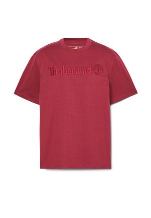 Maglietta in cotone rosso con logo "Timberland" in rilievo e emblema dell'albero sul davanti, dotata di collo rotondo classico e maniche corte.