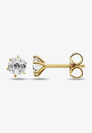 Goldfarbene Steckerohrringe mit einem runden, klaren cubic zirconia Stein, der in sechs Prongs gefasst ist, mit einem glatten Steg und einem Schmetterlingsverschluss.