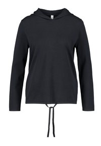 Schwarzer Kapuzenpullover mit langen Ärmeln. Besticht durch einen Kordelzug am Saum, eine glatte Textur und ein minimalistisches Design.