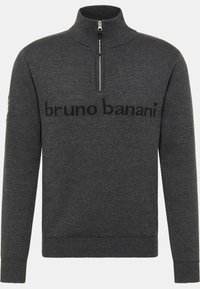 Dunkelgrauer Pulli mit Reißverschluss und weichem Strick, der ein auffälliges schwarzes Logo sowie gerippte Bündchen und Saum für Textur und Passform aufweist.