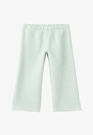 Pantalon large pour tout-petit de couleur vert clair doux, avec taille élastique et tissu texturé, étalé à plat sur un fond blanc.