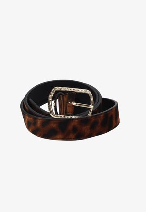 Leopard-print belt made of textured fabric with a glossy black backing; features a rectangular gold-tone metal buckle with a twisted border.