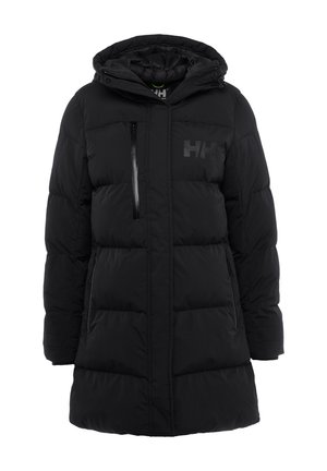 Black padded coat with a hood, featuring a zippered chest pocket, logo detail on the left side, and a smooth, textured fabric.