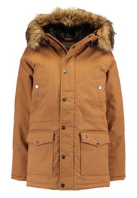 Braune Parka-Jacke mit Kapuze, die mit Kunstfell gefüttert ist, Druckknöpfen und zwei Vordertaschen. Aus einem strukturierten, strapazierfähigen Material gefertigt.