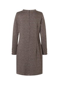 Wool blend dress with a houndstooth pattern in shades of gray and pink. Features long sleeves, a round neckline, and buttoned cuffs.