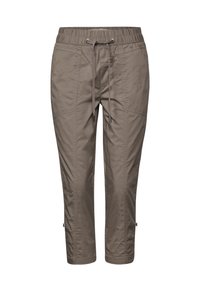 Khaki zkrácené kalhoty s elastickým pasem, stahovací šňůrkou, bočními kapsami a zipy na lemu pro nastavitelnou šířku.
