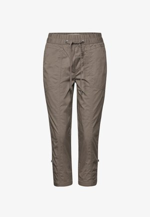 Khaki beskårede bukser med elastisk talje, snor lukning, sidelommer og lynlåse ved kanten for justerbar bredde.