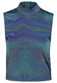 Haut sans manches à col montant avec un motif d'illusion d'optique ondulant bleu et vert créant un effet 3D sur fond noir.
