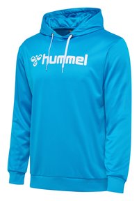 Blå huvtröja i slätt tyg, med en stor vit "hummel"-logotyp på framsidan, och justerbara snoddar i luvan.