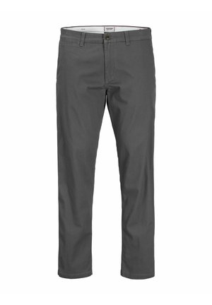 Grijze katoenen broek met een rechte snit, voorzien van een knoopsluiting, zijzakken en een zachte textuur.