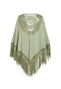 Poncho verde chiaro lavorato a maglia con scollo rotondo all'uncinetto e lunga frangia lungo l'orlo.