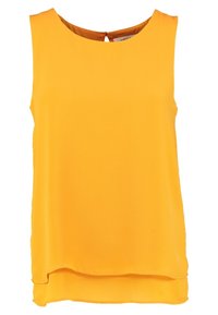 Geel mouwloos topje van gladde stof, met een ronde halslijn en een iets verlengde achterzoom. Sleutelgatsluiting bij de hals.