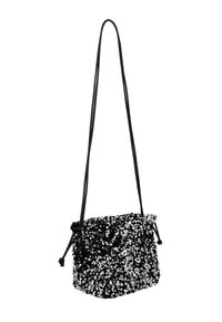 Sorte og sølvfarvede paljetter crossbody taske med snørrelukning, rektangulær form og justerbar rem. Struktureret og dekorativt design.