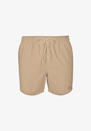 Beige színű úszóshort, könnyű anyagból készült. Jellemzője egy rugalmas derékpánt, zsinórral, és egy kis logó az alsó részén.