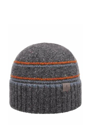 Graue Strickmütze mit orangefarbenen und blauen horizontalen Streifen sowie einem umgeschlagenen Bündchen mit einem kleinen Stoffmarkenetikett.