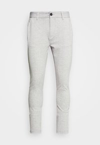 Gray, pinstriped trousers made of a soft fabric. Features a front button closure and tapered leg design. Smooth texture throughout.