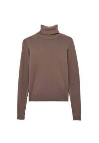 Suéter de cuello alto marrón hecho de un material de punto suave. Presenta mangas largas, un cuello acanalado y un dobladillo recto. Sin patrones visibles.