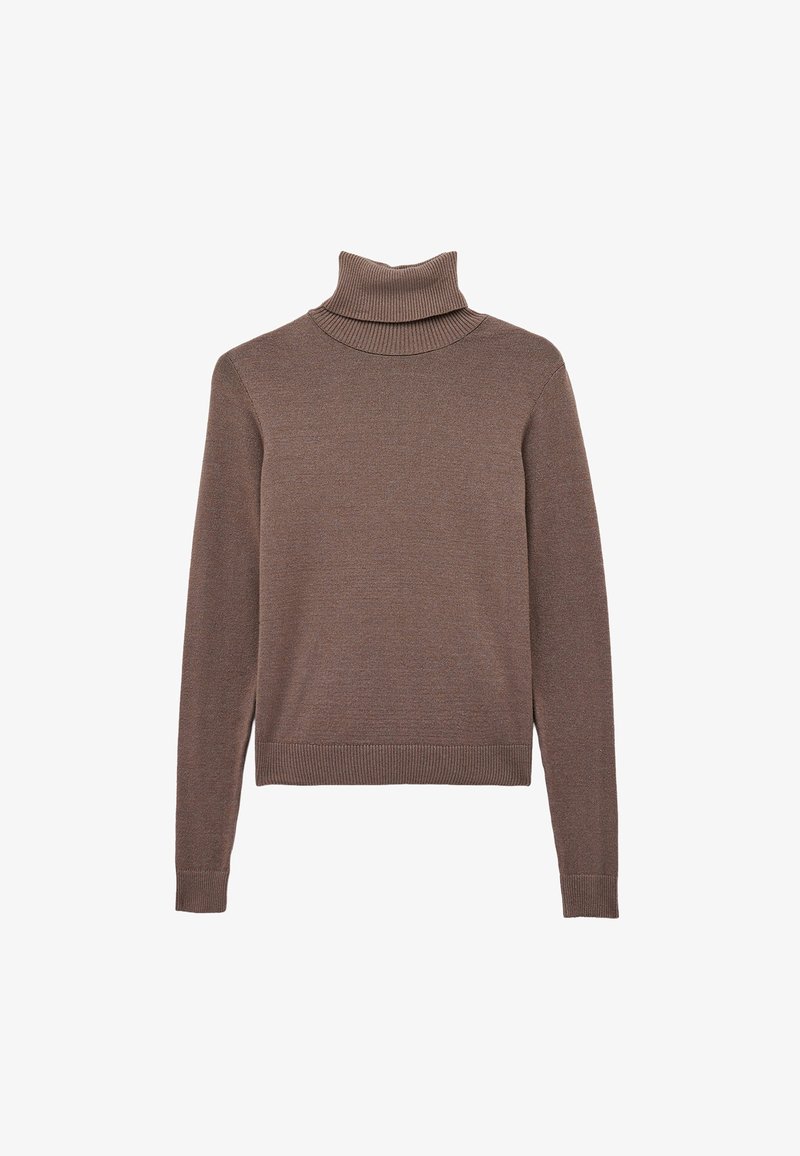 Maglione a girocollo marrone realizzato in morbido tessuto a maglia. Caratterizzato da maniche lunghe, un colletto a coste e un orlo dritto. Nessun motivo visibile.