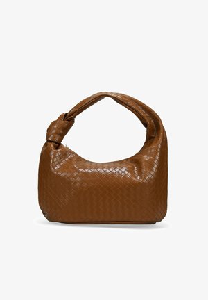Bolso de cuero trenzado marrón con un asa anudada, que presenta una superficie lisa y suave y una forma redondeada, adecuado para el uso diario.