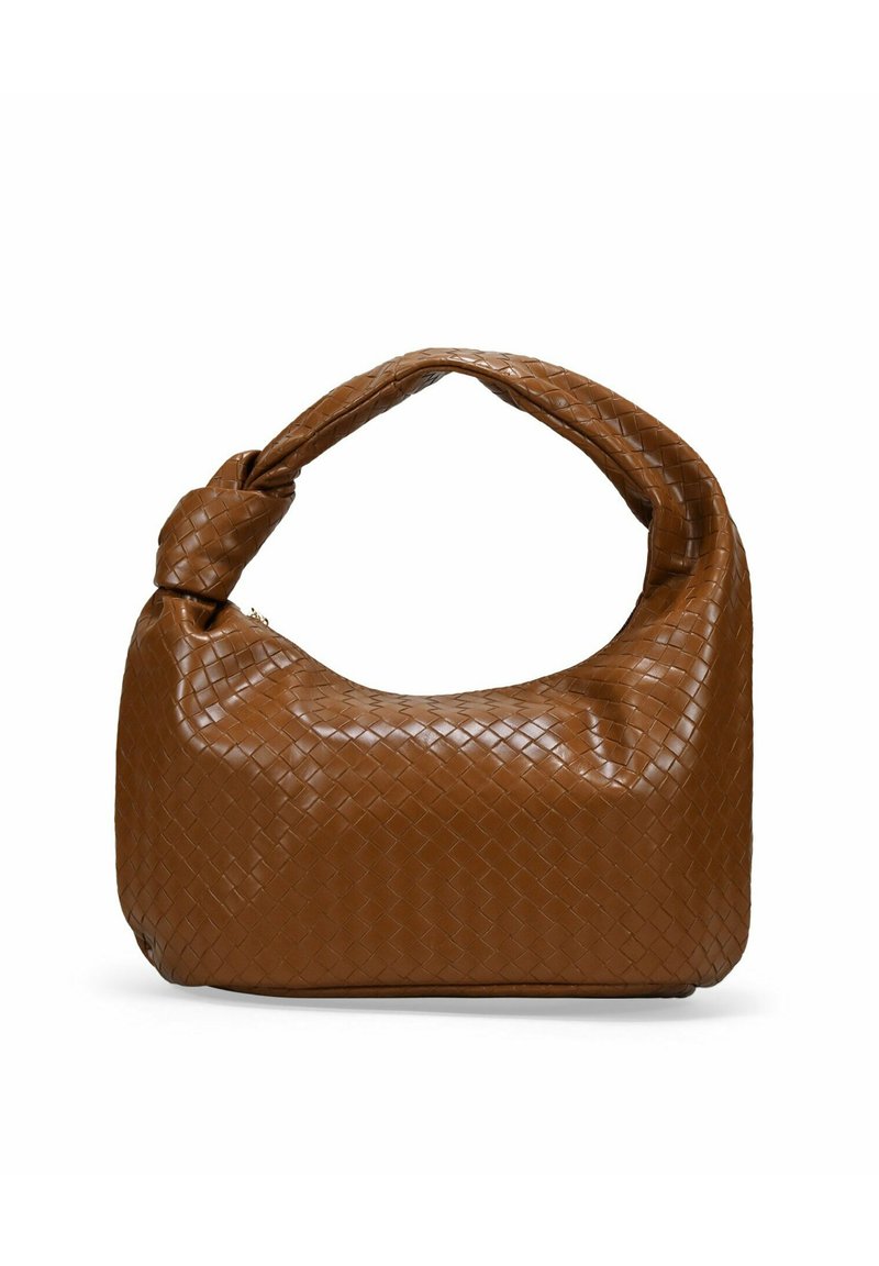 Bolso de cuero trenzado marrón con un asa anudada, que presenta una superficie lisa y suave y una forma redondeada, adecuado para el uso diario.