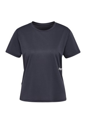 Dunkelblauses T-Shirt mit kurzen Ärmeln aus glattem Stoff, mit Rundhalsausschnitt und einem kleinen weißen Logo auf der linken Seite.