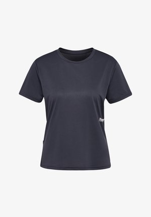 Dunkelblauses T-Shirt mit kurzen Ärmeln aus glattem Stoff, mit Rundhalsausschnitt und einem kleinen weißen Logo auf der linken Seite.