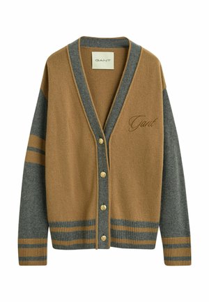 Bruine en grijze cardigan in een wolmix, met een V-hals, vijf knopen, geribbelde manchetten en gestreepte accenten op de mouwen en zoom. GANT-logo geborduurd.