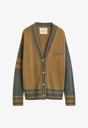 Cardigan marrone e grigio in misto lana, caratterizzato da un collo a V, cinque bottoni, polsini a costine e dettagli a righe su maniche e orlo. Logo GANT ricamato.