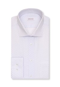 Chemise à motifs bleu clair avec col étalé, présentant un design géométrique, des boutons et une texture lisse.