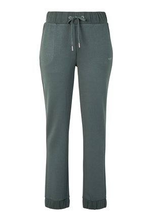 Dunkelgrüne Sporthose mit Kordelzug in der Taille, Bündchen an den Knöcheln und kleinem "Sport"-Logo am oberen linken Oberschenkel.