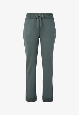 Dunkelgrüne Sporthose mit Kordelzug in der Taille, Bündchen an den Knöcheln und kleinem "Sport"-Logo am oberen linken Oberschenkel.