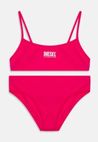 Rosa bikinitopp i slät tyg. Har en bralette-top med tunna spagettiband och en logotyp, tillsammans med en lågt skuren botten.