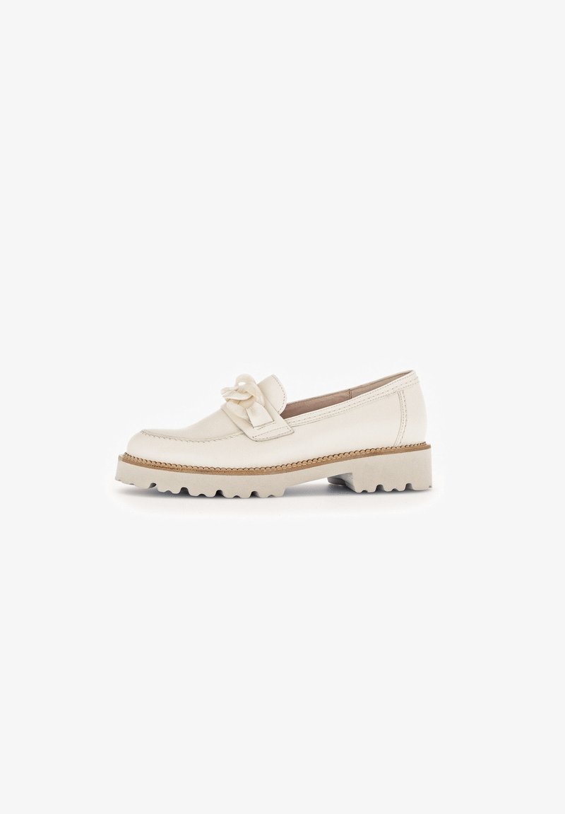 Witte leren loafers met een decoratieve knoopdetail, textuurzool en een ronde neus, voorzien van contrasterende stiksel en een lage blokhak.