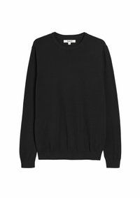 Czarny sweter z okrągłym dekoltem, wykonany z gładkiego dzianinowego materiału, z długimi rękawami i dopasowanym dołem. Prosty design bez wzorów i akcentów.