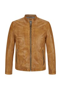 Helle Lederjacke mit Stehkragen, durchgehendem Reißverschluss und zwei seitlichen Reißverschlusstaschen. Glatte Textur mit feinen Maserungsdetails.