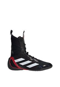 Black athletic boot with a high collar, featuring a textured synthetic upper, red accents, and white three-stripe branding on the side.