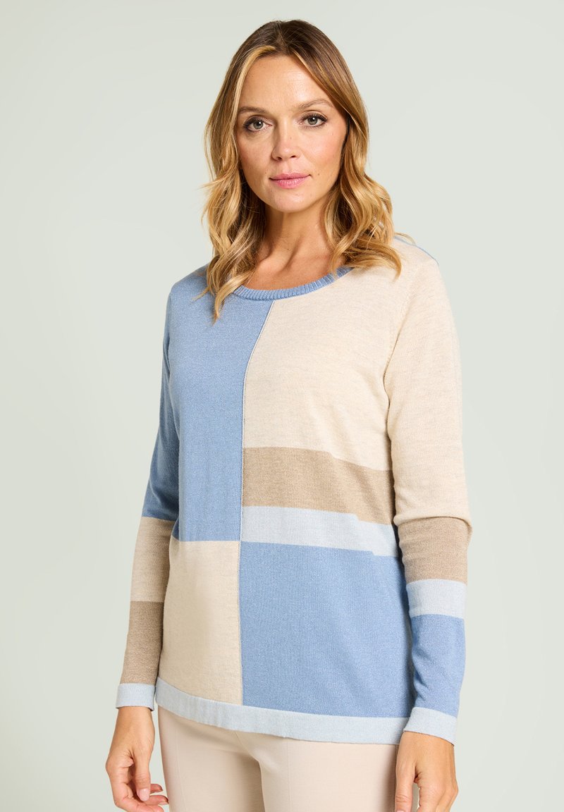 Knit sweater featuring a color-block design in light blue, beige, and taupe. Round neckline and long sleeves with contrasting stripes.
