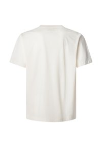 Īsa piedurkņu t-kreklā off-white kokvilna, ar klasisku apaļu kakla izgriezumu un gludu tekstūru. Aizmugurē ir vienkāršs dizains bez grafikas vai logotipiem.
