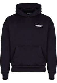 Sort hættetrøje med en frontlomme, ribbede manchetter og kant. Har et lille hvidt "DROPSIZE" logo på brystet.