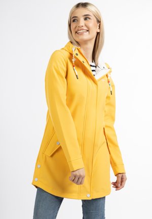 Gelbe wasserdichte Jacke mit Kapuze, Frontreißverschluss, zwei Seitentaschen und dekorativen Kordeln. Besitzt eine glatte Oberfläche und eine taillierte Passform.