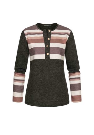 Chemise henley à manches longues gris foncé avec un motif rayé dans des teintes de rose, violet et blanc. Comprend une patte de boutonnage à trois boutons.