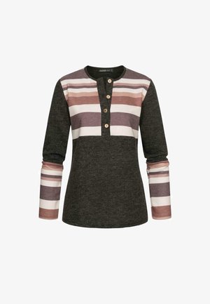 Hosszú ujjú henley ing sötétszürke színben, rózsaszín, lila és fehér árnyalatokból készült csíkos mintával. Három gombos gombolással rendelkezik.
