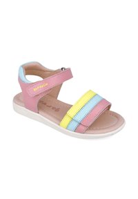 Sandalias multicolores con correas de color rosa, azul y amarillo. Fabricadas en material sintético, con suela plana y correa ajustable en el tobillo.