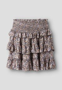 Gonna a strati floreale in colori pastello con strati arricciati. Il materiale presenta una vita smock e un motivo misto di viola, nero e rosa.