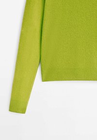 Pull vert à texture douce, avec des manches longues et un ourlet côtelé. Le tissu semble léger et présente une finition lisse.