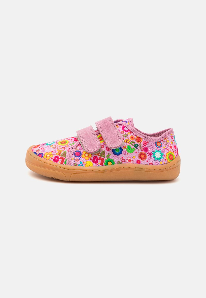 Pink fabric shoes with floral patterns, featuring two adjustable Velcro straps and a rubber sole for grip and durability.