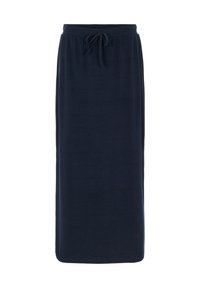 Jupe en jersey bleu marine, longueur genou, avec taille à cordon de serrage. Texture douce et coupe droite, sans motifs ni accents supplémentaires.