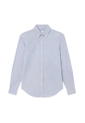 Lichtblauwe blouse met lange mouwen van katoen, met een button-down kraag, knopen aan de voorkant en een gebogen zoom. Subtiel logo in dezelfde kleur.